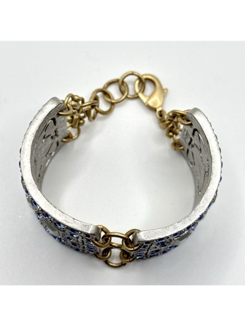Lulu Frost for J Crew Bracelet Panel Ice Blue Rhinestones Antiqued Gold Chain - Picture 8 of 12